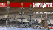 Load image into Gallery viewer, Scenery set with 'Ashpocalypse' branding and miniatures in a post-apocalyptic setting.